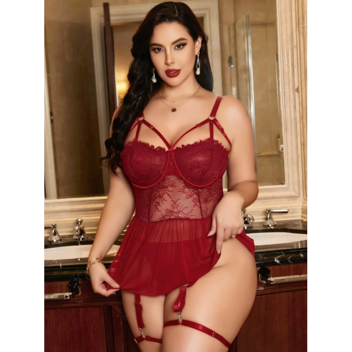 Kadın Bordo Dantelli Transparan Büyük Beden Fantezi Gecelik Takımı 8002