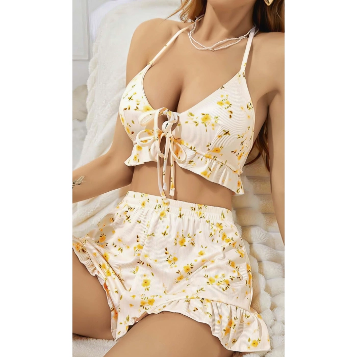 Kadın Çiçekli Ekru Askılı Şortlu Pijama Takım 5017