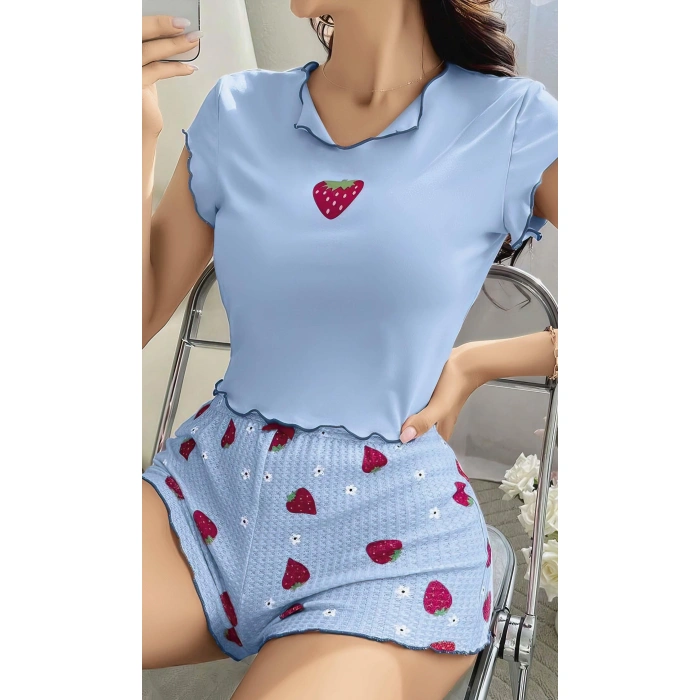 Kadın Çilek Desenli Bebe Mavi Seksi Gecelik Takım 5005