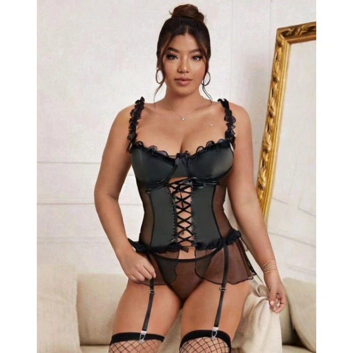 Kadın Siyah Lame Deri Fantezi Kostüm Elbise Seksi Gece Fantezi Kostüm 9002