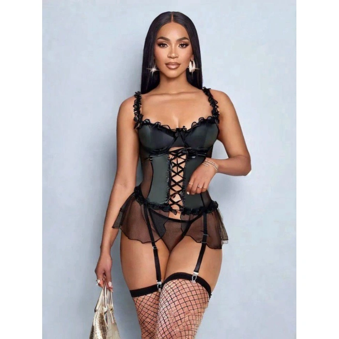 Kadın Siyah Lame Deri Fantezi Kostüm Elbise Seksi Gece Fantezi Kostüm 9002