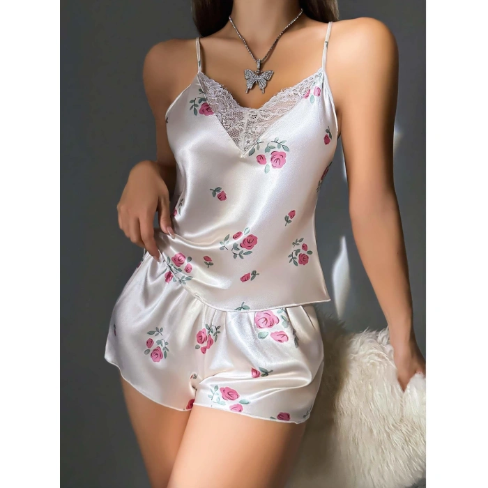 Kadın Ekru Gül Desenli Askılı Dantel Üst Pijama Takımı 2222