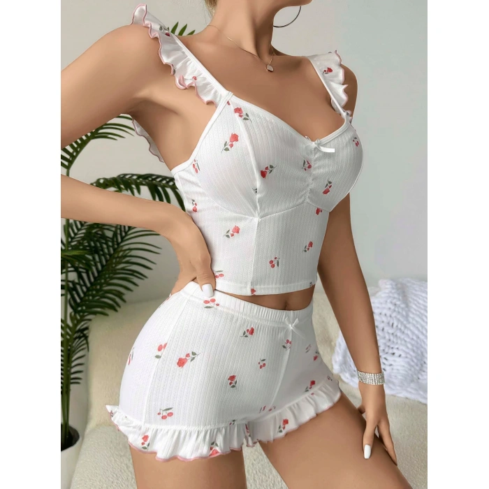 Kadın Gül ve Kiraz Desenli Şortlu Gecelik Takım 5112