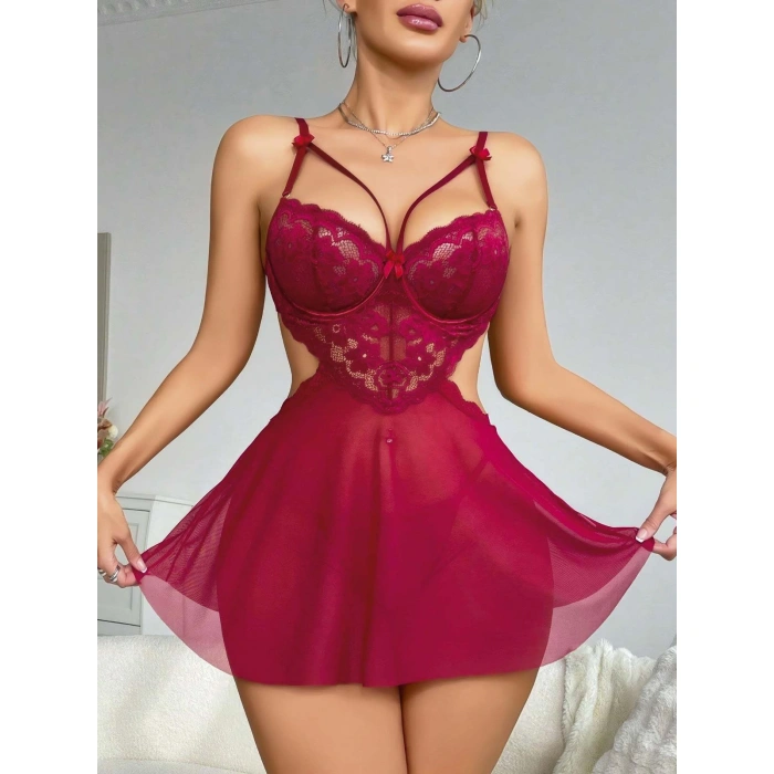 Kadın Kırmızı Fantezi Gecelik Tül Göğüs Dantel Dekolteli Fiyok detaylı 2162