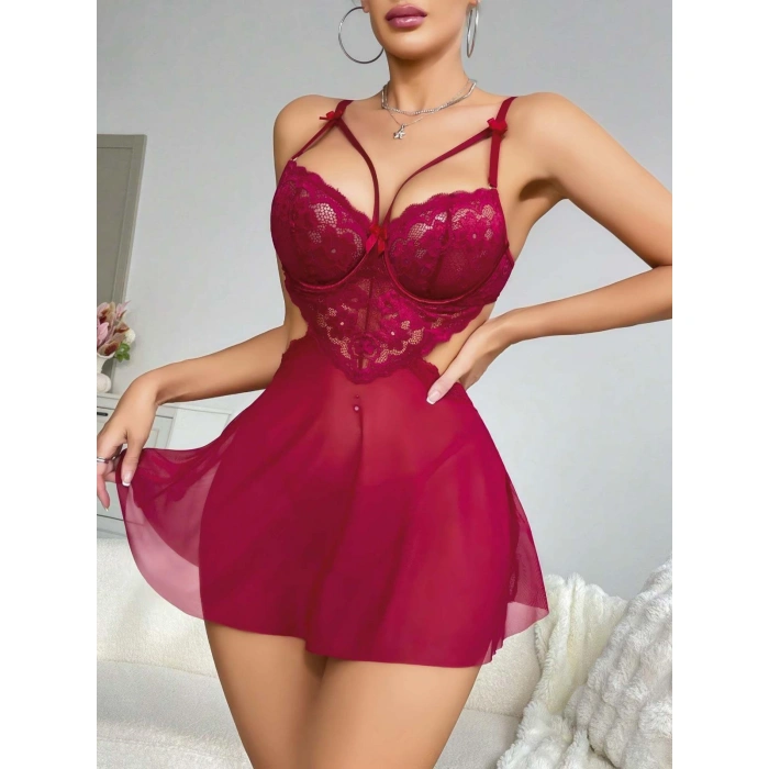 Kadın Kırmızı Fantezi Gecelik Tül Göğüs Dantel Dekolteli Fiyok detaylı 2162