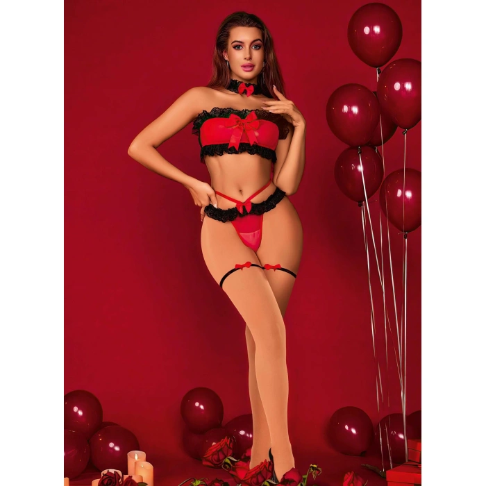 Kadın Kırmızı siyah dantel Detaylı Fantezi Kostüm 2063