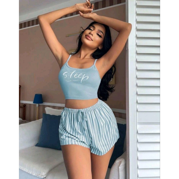 Kadın Mavi Çizgili Desenli Askılı Şortlu Pijama Takım 5001