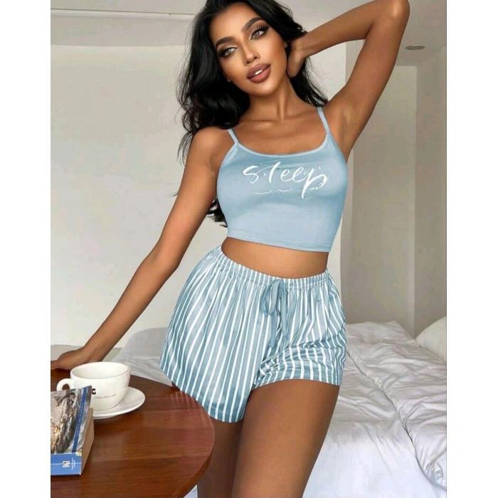 Kadın Mavi Çizgili Desenli Askılı Şortlu Pijama Takım 5001