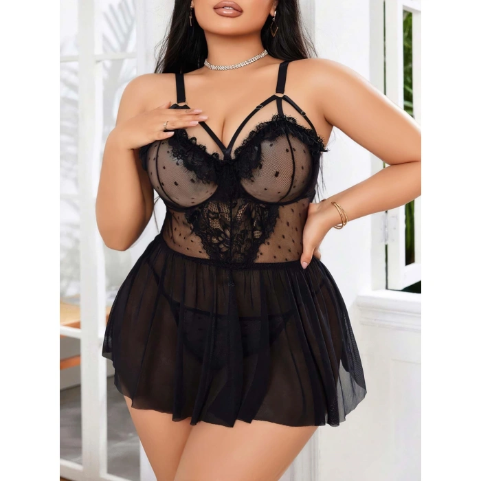 Kadın Nakışlı Siyah Gotik İp Askılı Büyük Beden Tüllü Transparan Fantezi Gecelik 8007