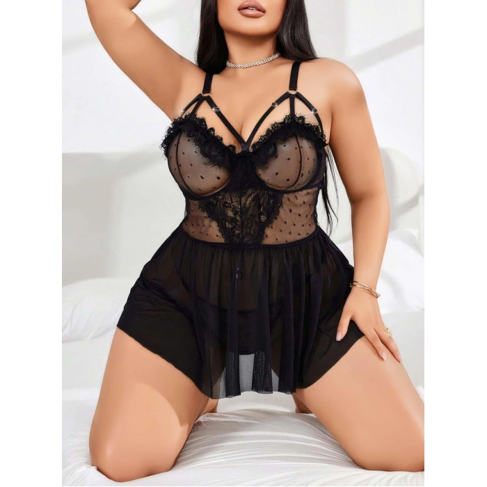 Kadın Nakışlı Siyah Gotik İp Askılı Büyük Beden Tüllü Transparan Fantezi Gecelik 8007