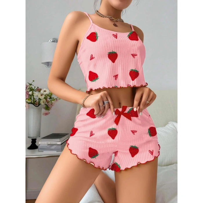 Kadın Pembe Çilek desenli Şortlu Pijama Takımı 5056