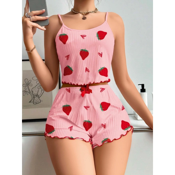Kadın Pembe Çilek desenli Şortlu Pijama Takımı 5056