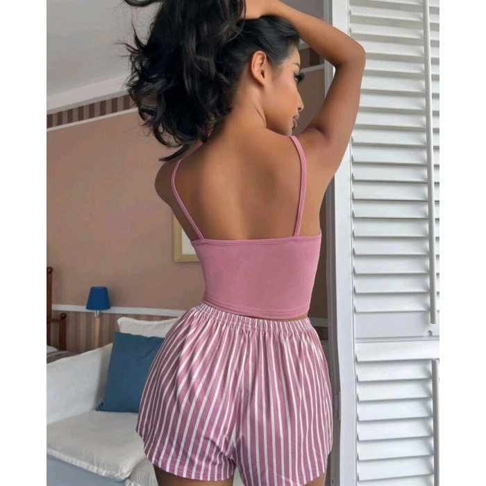 Kadın pembe çizgili desen Askılı Şortlu Pijama Takım 5002
