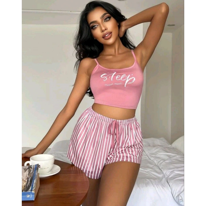 Kadın pembe çizgili desen Askılı Şortlu Pijama Takım 5002