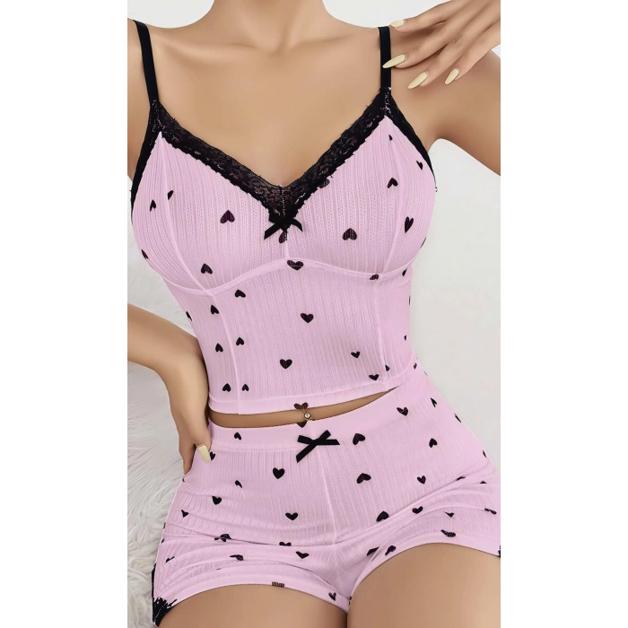 Kadın Pembe Kalp Desenli Askılı Şortlu Pijama Takım 5013