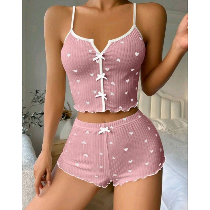Kadın Pembe Kalpli Askılı Şortlu Pijama Takım 5009