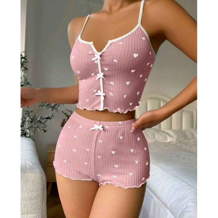Kadın Pembe Kalpli Askılı Şortlu Pijama Takım 5009