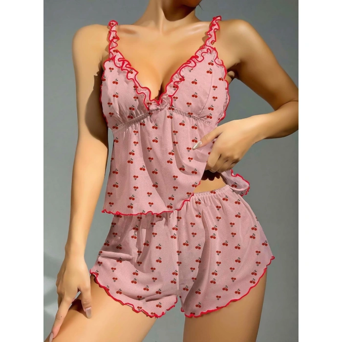 Kadın Pembe Kiraz Desenli Fırfırlı Şortlu Gecelik Takım 5102