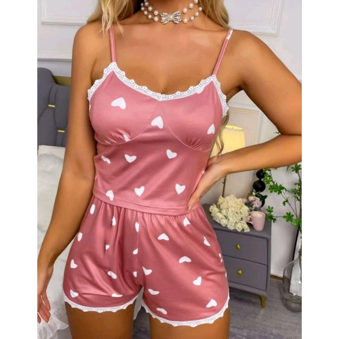 Kadın Pudra Kalp Desenli Seksi Gecelik Takım 5019
