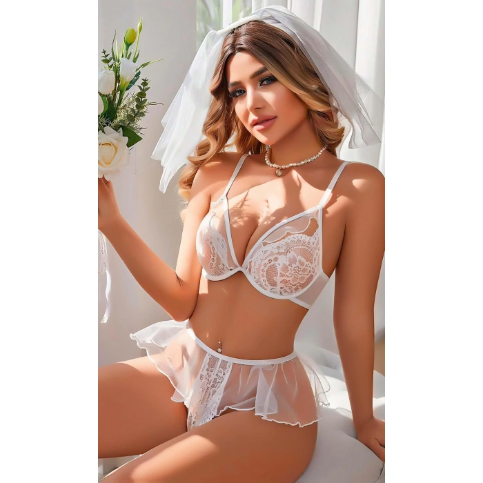 Kadın Seksi Beyaz Dantel Fantezi Kostümü 2123
