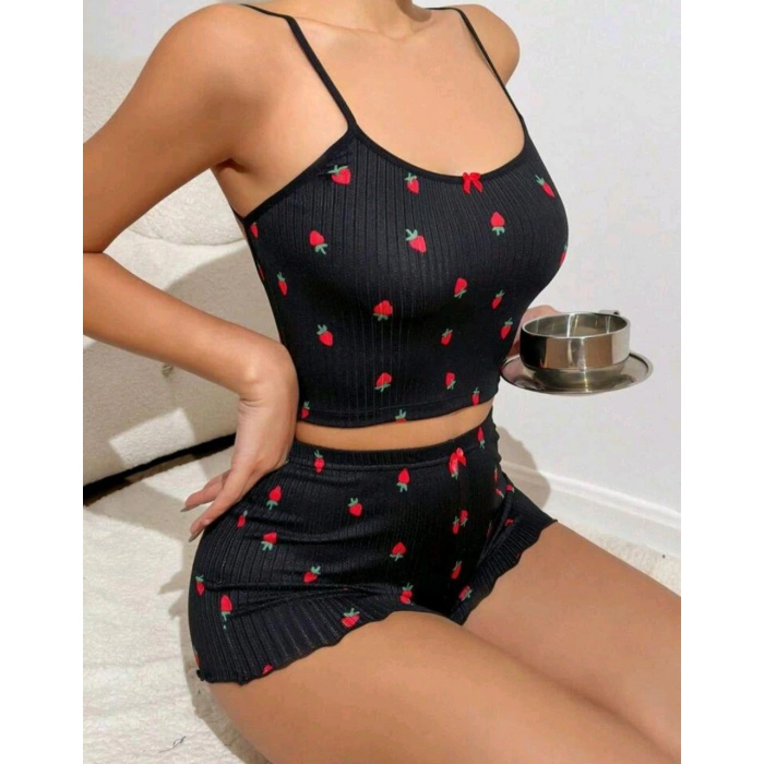 Kadın Siyah Çilek Desenli Seksi Gecelik Takım 5020