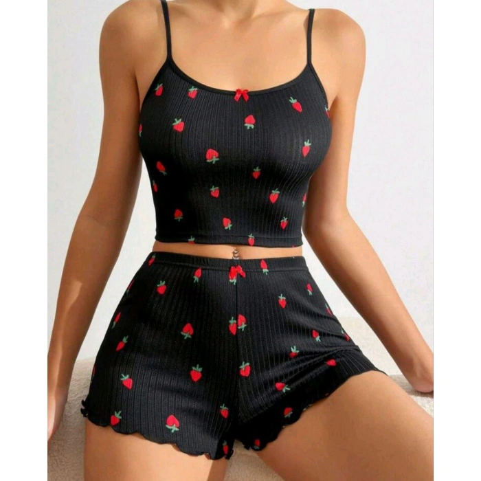 Kadın Siyah Çilek Desenli Seksi Gecelik Takım 5020