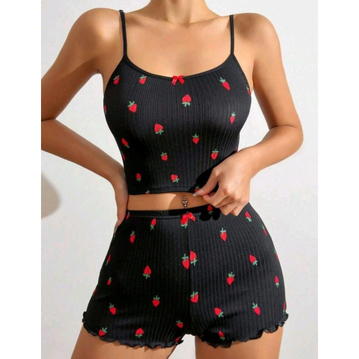 Kadın Siyah Çilek Desenli Seksi Gecelik Takım 5020