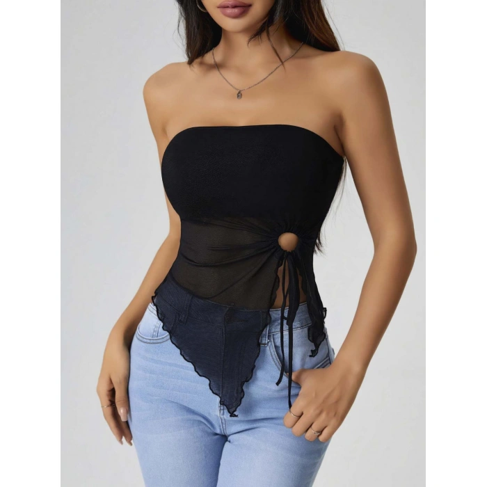 Kadın Siyah Crop Önden Halka Büzgü detaylı 5094