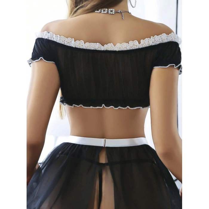 Kadın Siyah Fantezi Kostüm Fır Fır detaylı hizmetçi Çorap hariç 2212