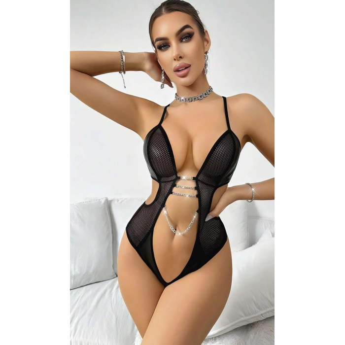 Kadın Siyah Fantezi Kostüm Göğüs dekolte Zincir Detaylı 2052