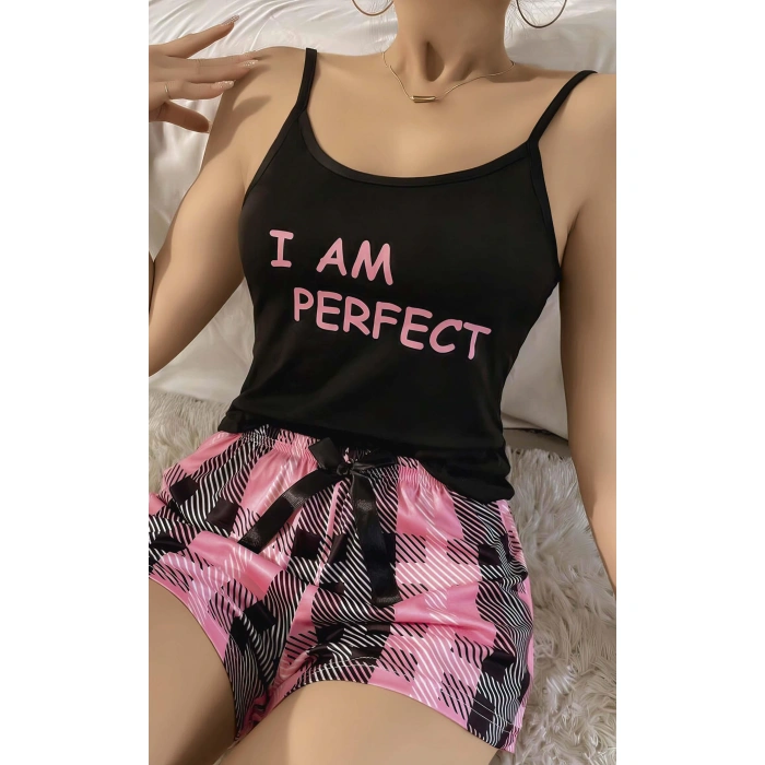 Kadın Siyah Kare Desenli Askılı Şortlu Pijama Takım 5012
