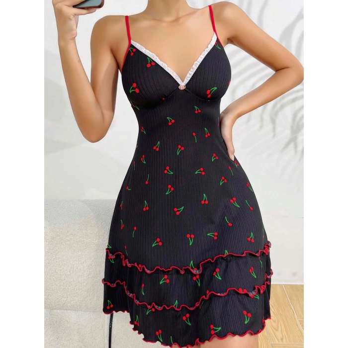 Kadın Siyah Kiraz Baskılı  Akılı Gecelik 5110