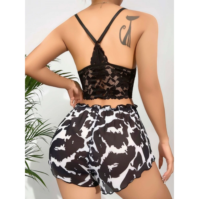 Kadın Siyah Leopar desenli Dantel detaylı Şortlu Gecelik Pijama Takımı 5055