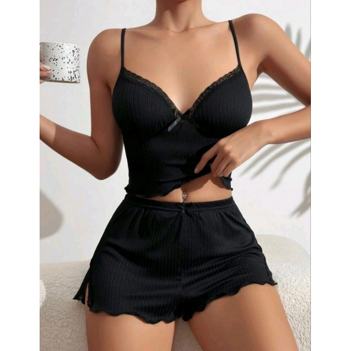 kadın siyah şortlu gecelik takım 2141