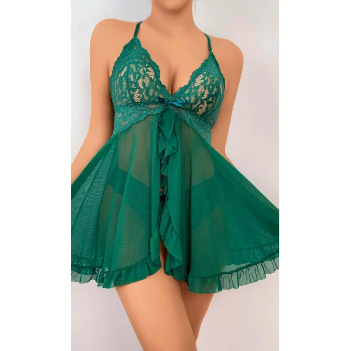 Kadın Yeşil Fantezi Gecelik Tül Önü Açık Fırfırlı Fiyok detaylı 2114