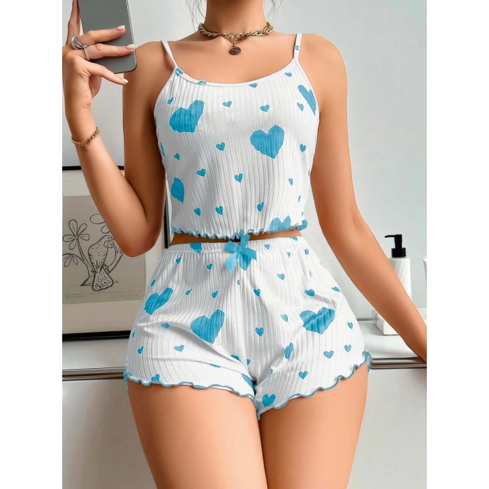 Kadın Beyaz Mavi Kalp Desenli Askılı Şortlu Pijama Takım 5043