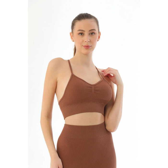 KAHVE MI Emay 3921 Soft Seamless Ripli Tayt Yoga Takımı