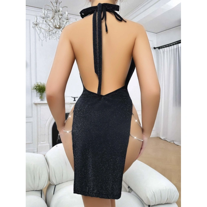 Siyah Seksi Elbise Zincirli 5045