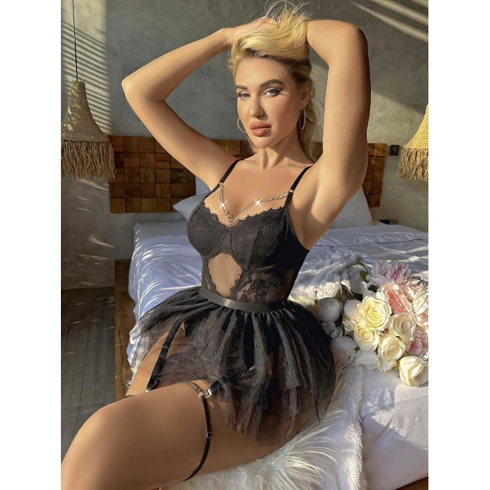 Siyah Tül Etekli Jartiyer Fantezi Takım 2032