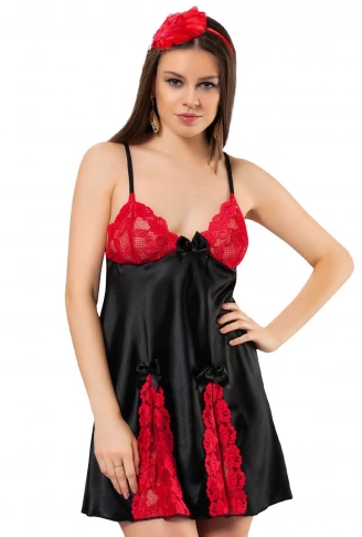 Siyah Kırmızı Saten Gecelik