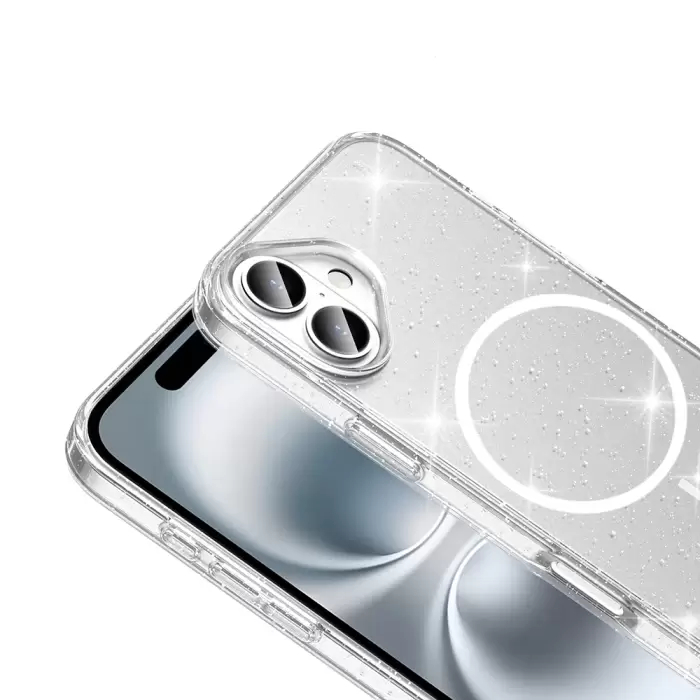 ​apple İphone 16 Plus Kılıf Magsafe Şarj Özellikli Parlayan Simli Saydam Renkli Lopard Maris Kapak