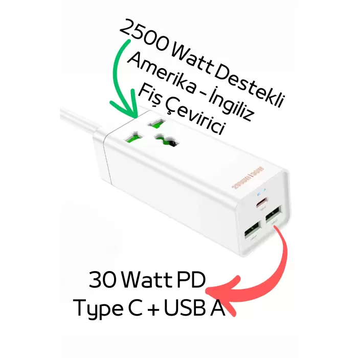 30W 2 Type-C - 1 USB-A PD Şarj Aleti, 1,5 m kablo 2500 Watt Destekli Priz Amerikan Ingiliz Fiş Dönüştürücü