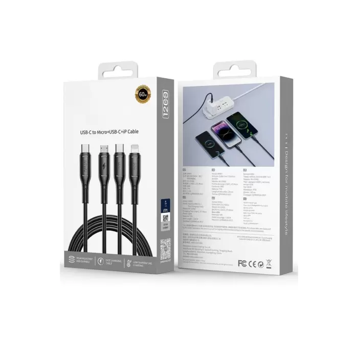 60W Link Type-C Süper Fast PD Şarj Kablosu 3in1 iPhone Samsung Xiaomi Huawei Hızlı Şarj Data USB Kablo Kopmayan Sağlam Halat Örgülü 1.2m