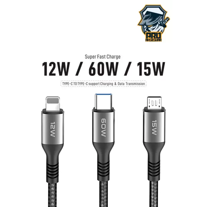 60W Type-C Süper Fast PD Şarj Kablosu 3in1 iPhone Samsung Xiaomi Hızlı Şarj Data USB Kablo Kopmayan Sağlam Halat Örgülü 1.2m