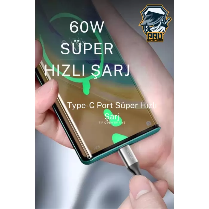 60W Type-C Süper Fast PD Şarj Kablosu 3in1 iPhone Samsung Xiaomi Hızlı Şarj Data USB Kablo Kopmayan Sağlam Halat Örgülü 1.2m