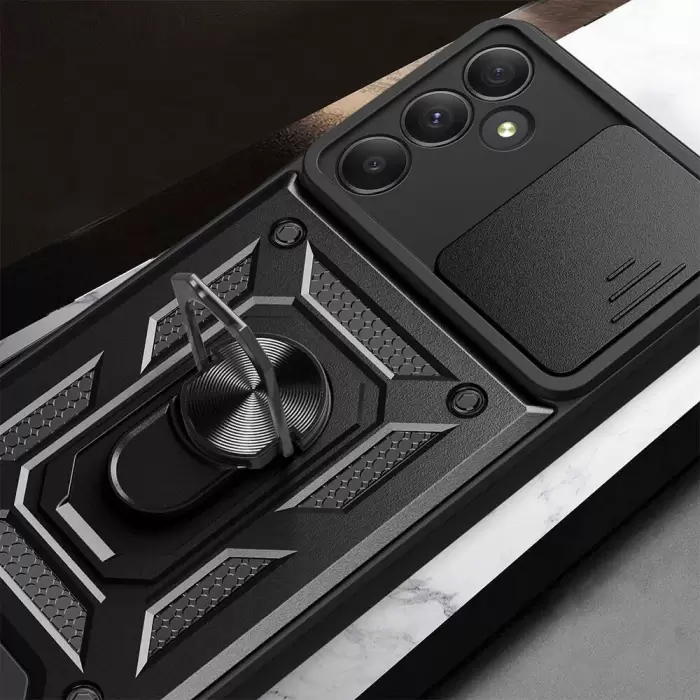 Samsung Galaxy A55 Kılıf Magnetik Standlı Kamera Korumalı Sürgülü Yüzüklü Tasarım Armor Vega