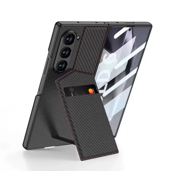 Samsung Galaxy Z Fold 6 Kılıf KarbonFiber Kartlıklı Kıpta Standlı Kartlıklı Kapaklı Kılıf