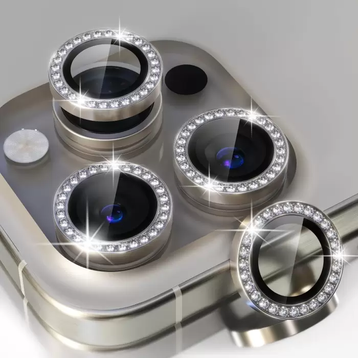 Apple İphone 16 Pro Uyumlu Kamera Koruma Taşlı Lens Koruyucu Temperli Cam Koruma CL-06