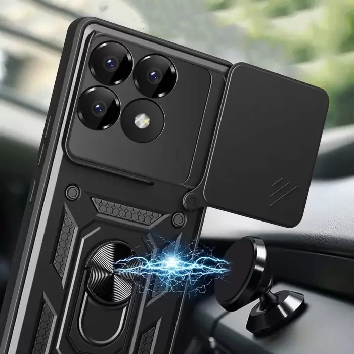 Xiaomi Poco F6 Pro Kılıf, Magnetik Standlı & Kamera Korumalı Sürgülü Vega