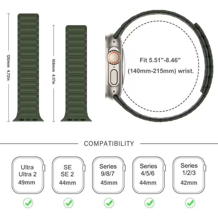 Apple Watch Ultra-Ultra 2 49mm Silikon Tırtıklı Kordon Siyah-Yeşil-Kahve-Turuncu Krd-122